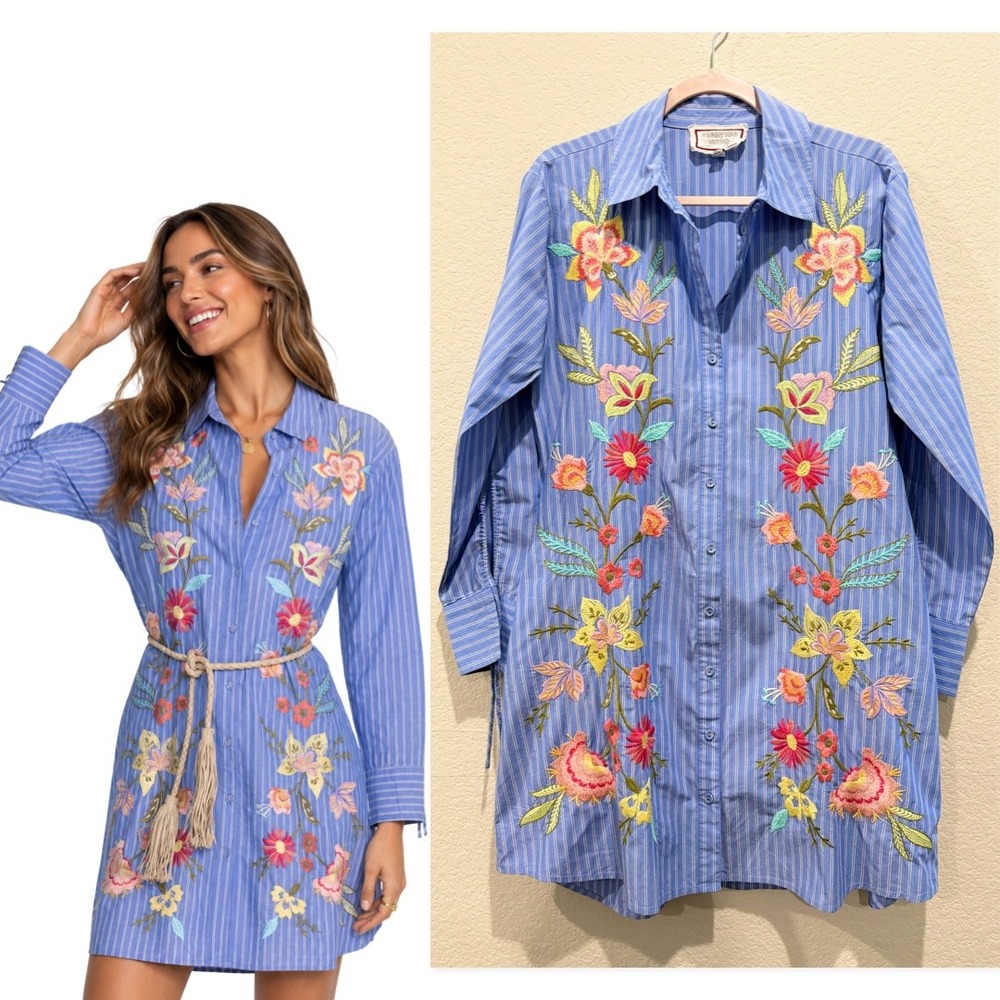 Johnny Was Floral Embroidered Shirt Dress Small Blue Cotton Collared Boho Pocket